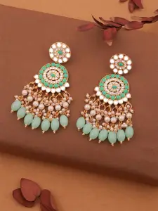 DIVASTRI Gold-Plated Artificial Stones Studded And Beaded Circular Shaped Drop Earrings