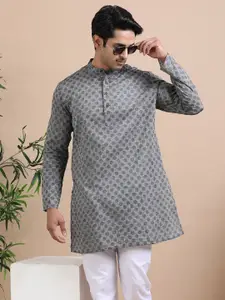 TATTVA Geometric Printed Band Collar Cotton Straight Kurta