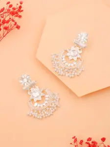 DIVASTRI Silver-Plated Artificial Stone Studded Contemporary Shaped Drop Earrings