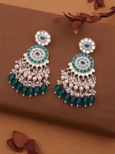 DIVASTRI Kundan Silver-Plated Circular Shaped Artificial Pearls And Beads Drop Earrings
