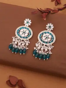 DIVASTRI Silver-Plated Artificial Stones Studded And Beaded Circular Shaped Drop Earrings