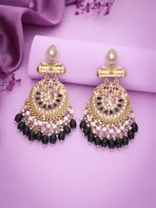 DIVASTRI Gold-Plated Artificial Stones Studded And Beaded Circular Shaped Drop Earrings