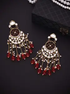 DIVASTRI Gold-Plated Artificial Stones Studded And Beaded Circular Shaped Drop Earrings