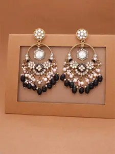 DIVASTRI Kundan Gold-Plated Teardrop Shaped Artificial Pearls and Stone Drop Earrings