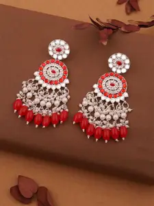 DIVASTRI Silver-Plated Artificial Stones Studded And Beaded Circular Shaped Drop Earrings