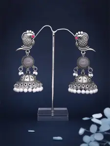 DIVASTRI Oxidised Silver-Plated Pearls Beaded Dome Shaped Jhumkas