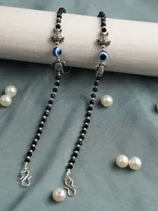 Anouk Set Of 2 Silver-Plated Artificial Beaded Evil Eye & Tortoise Anklets