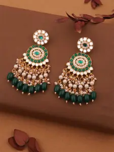 DIVASTRI Gold-Plated Artificial Stones Studded And Beaded Circular Shaped Drop Earrings