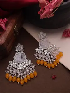 DIVASTRI Silver-Plated Artificial Stones Studded And Beaded Floral Shaped Drop Earrings