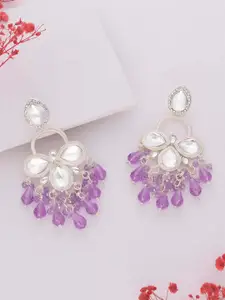 DIVASTRI Kundan SIlver-Plated Contemporary Shaped Artificial Beads Drop Earrings