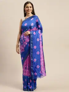 Geroo Jaipur Bandhani Print Woven Zari Border Saree With Unstitched Blouse Piece