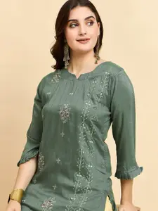 Anouk Rustic Floral Embroidered Thread Work Round Neck Cotton Silk Straight Kurta