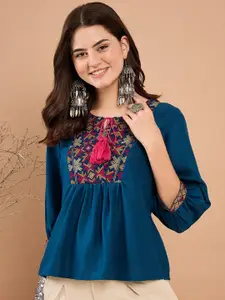 Sangria Women Embroidered Tie Up Neck Peplum Top