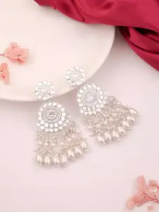 DIVASTRI Kundan Silver-Plated Circular Shaped Artificial Pearls And Beads Drop Earrings