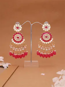 DIVASTRI Gold-Plated Artificial Stones Studded And Beaded Circular Shaped Drop Earrings