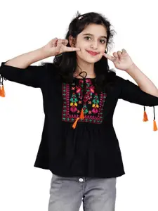 DMP FASHION Girls Ethnic Motifs Embroidery Tie-Up Neck Peplum Top