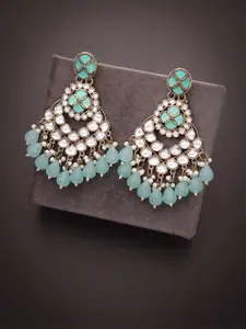 DIVASTRI Gold-Tone Contemporary Shaped Artificial Stone Studded & Beaded Drop Earrings