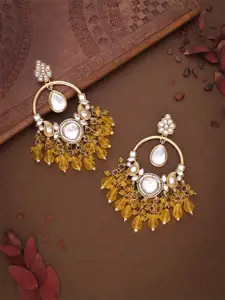 DIVASTRI Gold-Plated Artificial Stones Studded And Beaded Floral Drop Earrings
