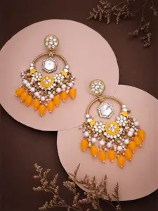 DIVASTRI Gold-Plated Artificial Stones Studded And Beaded Floral Drop Earrings
