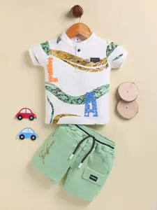 Annie Printed Mandarin Collar Pure Cotton T-shirt With Shorts