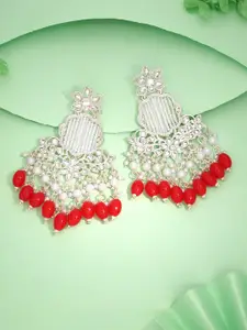 DIVASTRI Silver-Plated Artificial Stones Studded And Beaded Contemporary Drop Earrings