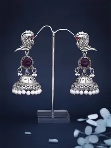 DIVASTRI Silver-Plated Pearls Beaded Oxidised Dome Shaped Dome Shaped Jhumkas