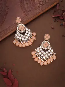 DIVASTRI Gold-Plated Artificial Stones Studded And Beaded Geometric Shaped Drop Earrings