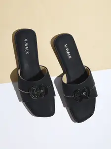 V-WALK Women Decorative Buckle Open Toe Slip-On Flats