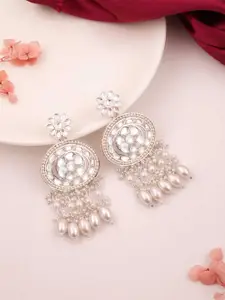 DIVASTRI Silver-Plated Artificial Stones Studded And Beaded Oval Shaped Drop Earrings