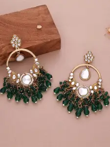 DIVASTRI Kundan Gold-Plated Circular Shaped Artificial Pearls and Stone Drop Earrings