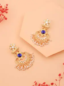 DIVASTRI Gold-Plated Artificial Stones Studded And Beaded Contemporary Drop Earrings