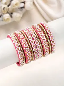 Peora Set Of 10 Gold-Plated Crystal Studded & Beaded Chuda Bangles