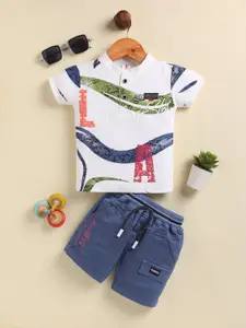 Annie Printed Mandarin Collar Pure Cotton T-shirt With Shorts