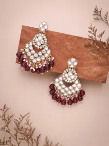 DIVASTRI Gold-Plated Artificial Stones Studded And Beaded Floral Drop Earrings