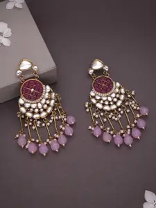DIVASTRI Gold-Plated Artificial Stones Studded And Beaded Crescent Shaped Drop Earrings
