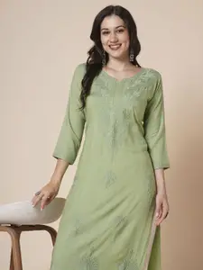RATAN Floral Embroidered Chikankari Notch Neck Straight Kurta