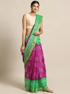 Geroo Jaipur Pink & Green Silk Cotton Bandhani Saree