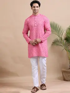 TATTVA Geometric Printed Band Collar Cotton Straight Kurta