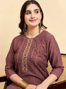 Anouk Rustic Floral Embroidered Sequins Round Neck Cotton Silk Straight Kurta