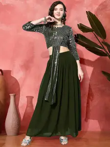 Sangria Sequin Embroidered Flared Top & Skirt With Attached Dupatta Co-Ord Set