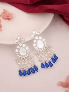DIVASTRI Silver-Plated Artificial Stones Studded And Beaded Floral Drop Earrings