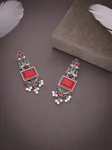 DIVASTRI Silver-Plated Pearls Beaded Peacock Shaped Oxidised Drop Earrings