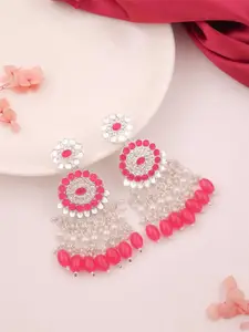 DIVASTRI Kundan Silver-Plated Circular Shaped Artificial Pearls And Beads Drop Earrings