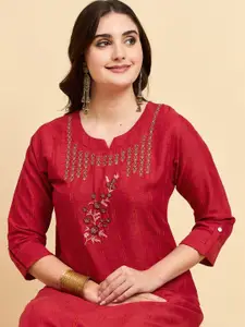 Anouk Rustic Floral Embroidered Zari Thread Round Neck Cotton Silk Straight Kurta