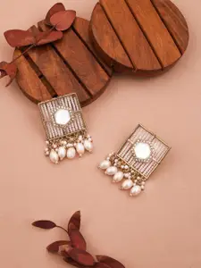 DIVASTRI Gold-Plated Artificial Stones Studded Pearls Beaded Square Studs