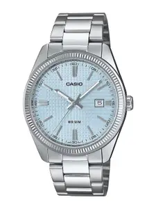 CASIO Men Textured Dial & Stainless Steel Cuff Straps Reset Time Analogue Watch A2394