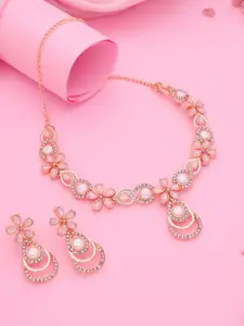 DIVASTRI Rose Gold-Plated American Diamond Studded Choker Necklace Set with Stud Earrings