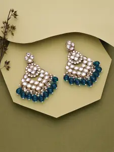 DIVASTRI Gold-Plated Contemporary Shaped Artificial Stones And Pearls Drop Earrings
