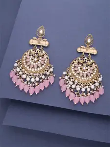 DIVASTRI Gold-Plated Artificial Stones Studded And Beaded Circular Shaped Drop Earrings