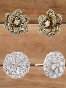 ATIBELLE Set Of 2 Gold-Plated Cubic Zirconia Studded Floral Shaped Studs